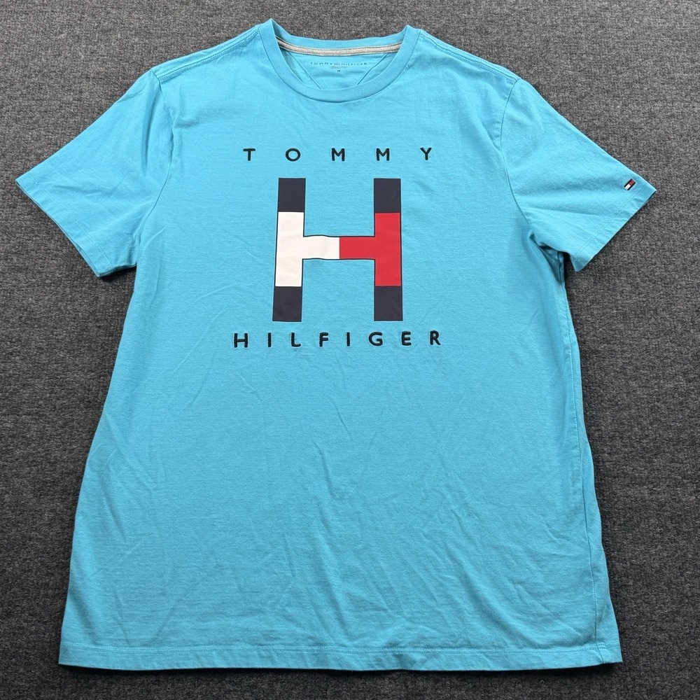 TOMMY HILFIGER T-Shirt Mens Big LOGO   Turquoise Medium EUC